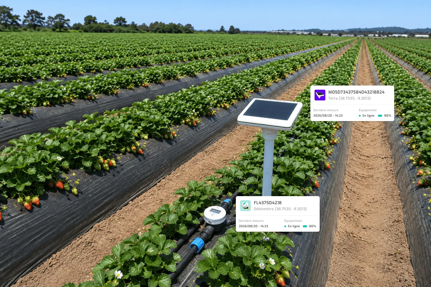 Équipements Agroop Terra et Flowmeter installés dans un champ de fraises