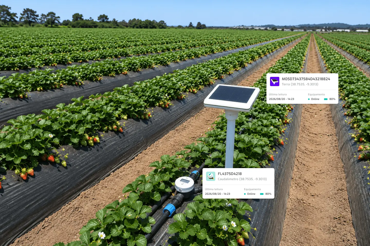 Equipamentos Agroop Terra e Flowmeter instalados num campo de morangos